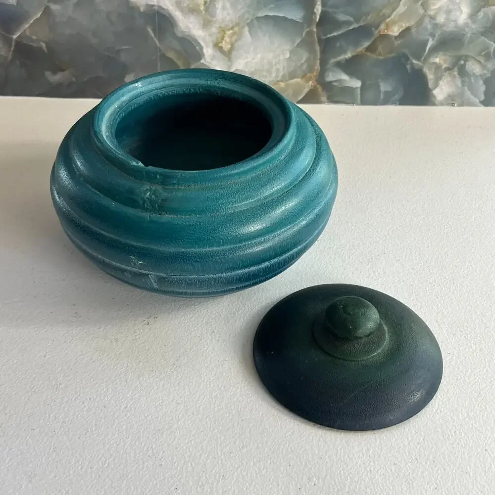 Vintage Lathe Turned Wooden Trinket Box with Lid Ombre Blue Teal